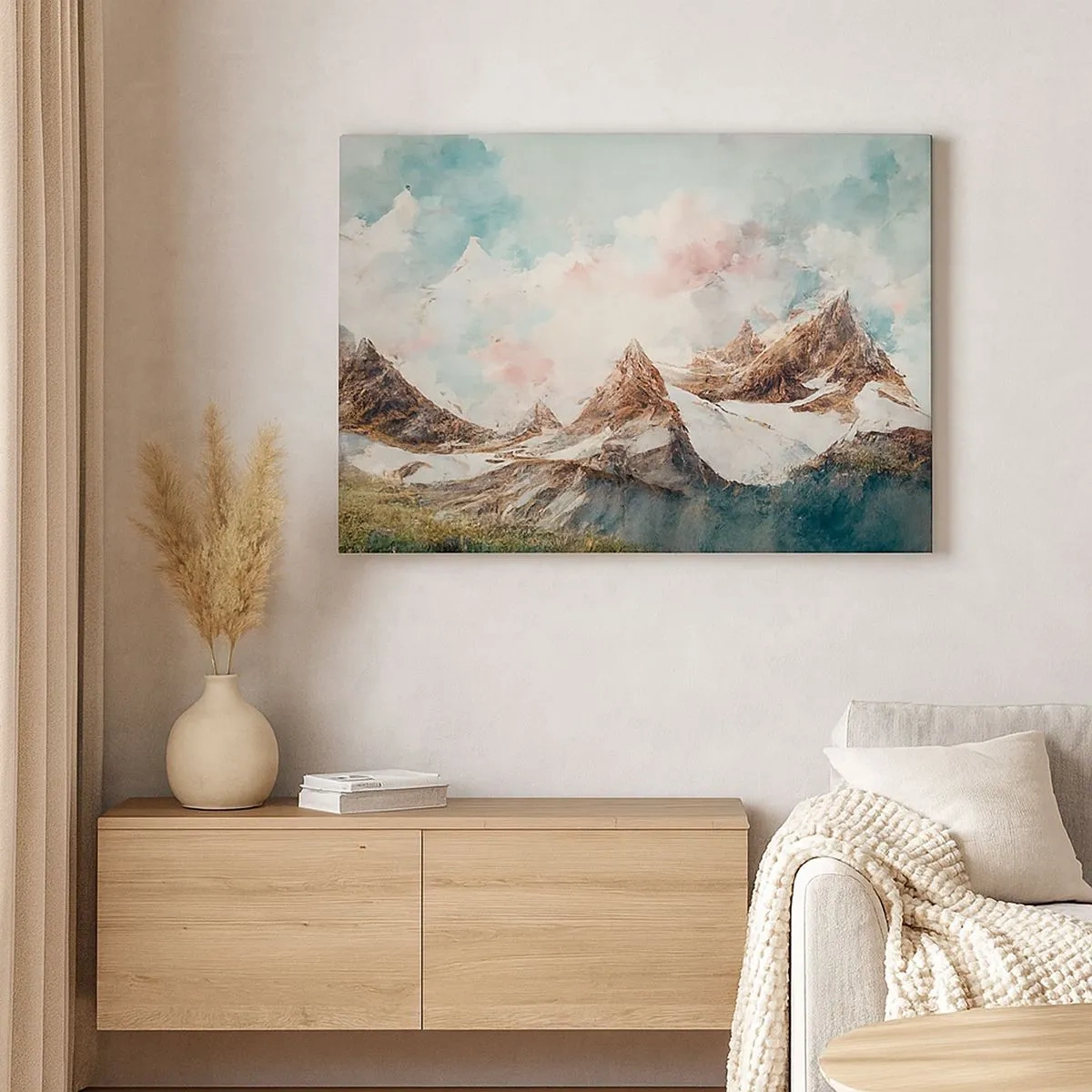 Lærredstryk - Billede på lærred - Maleriske bjerge med pastelfarvet himmel - 70x50cm - Stenede knive - Moderne vægdekoration til stue og soveværelse ARTTOR
