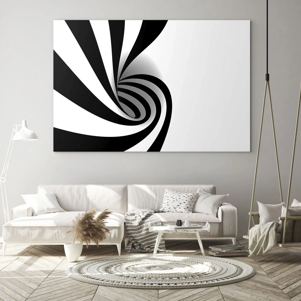 Billede på glas - Abstrakt spiral i sort-hvid med en dynamisk form - 70x50cm - Og alligevel snurrer den - Moderne vægdekoration til stue og soveværelse ARTTOR