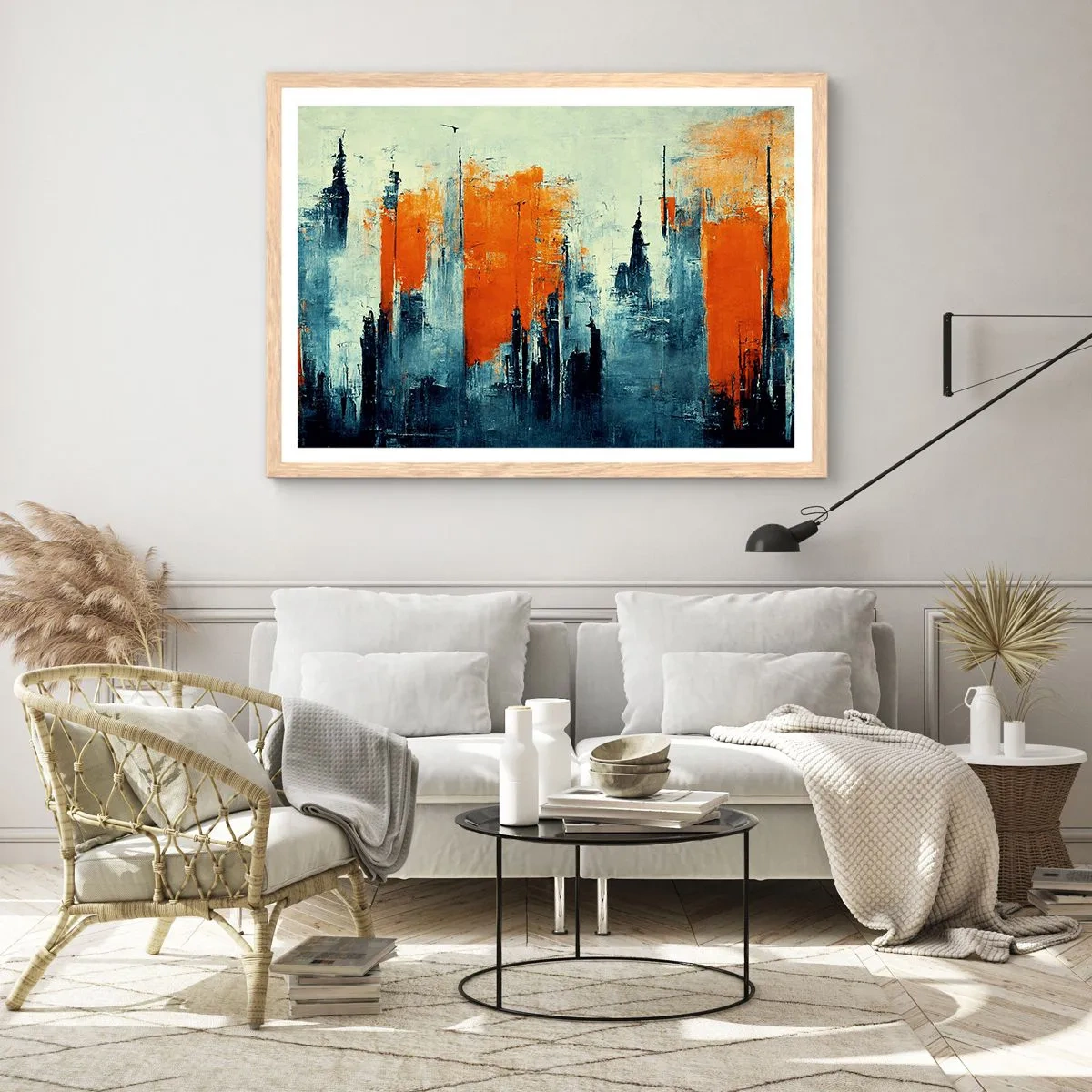 Plakat i ramme af lyst egetræ - Moderne landskab - 91x61 cm