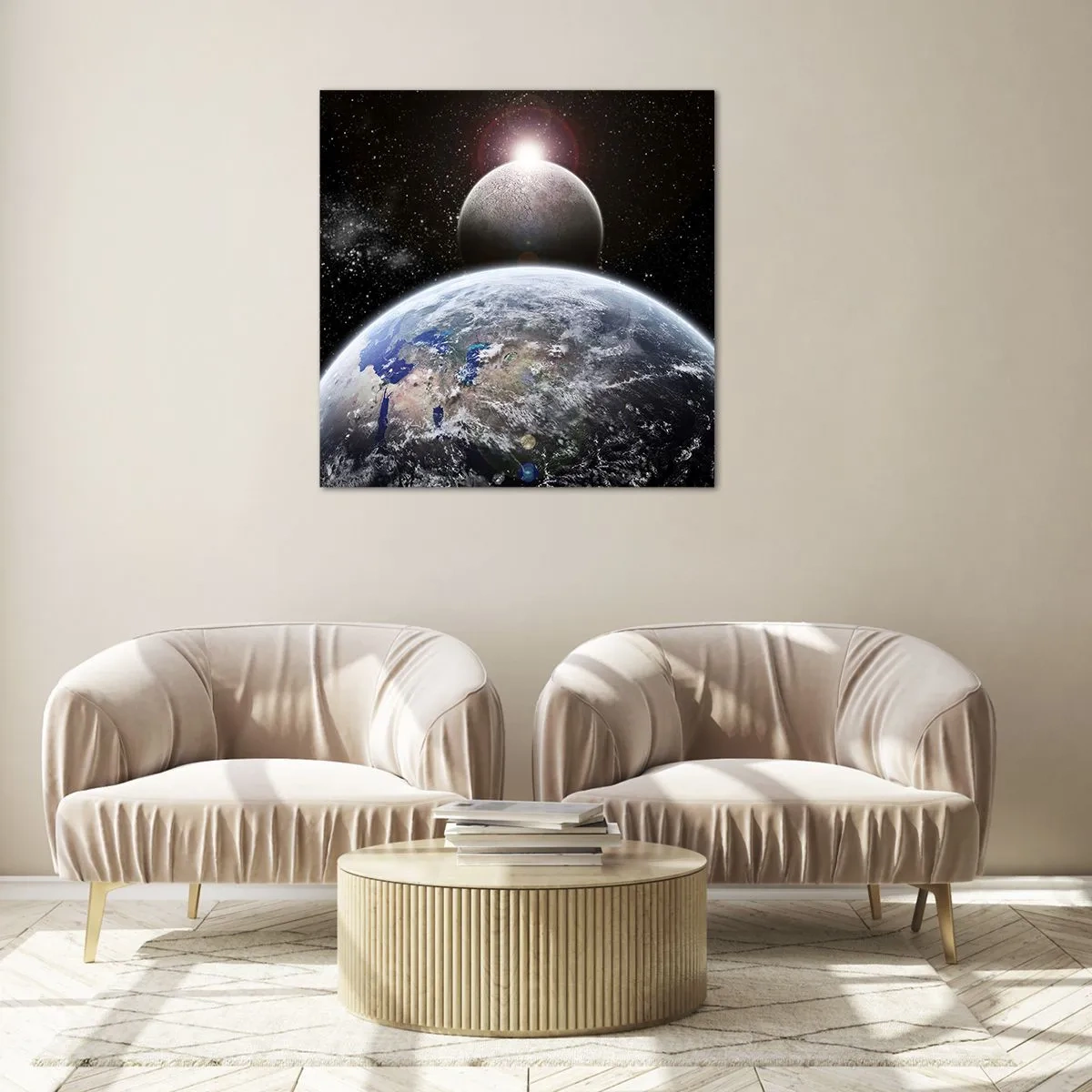 Billede på glas - Kosmisk landskab - solopgang - 60x60 cm