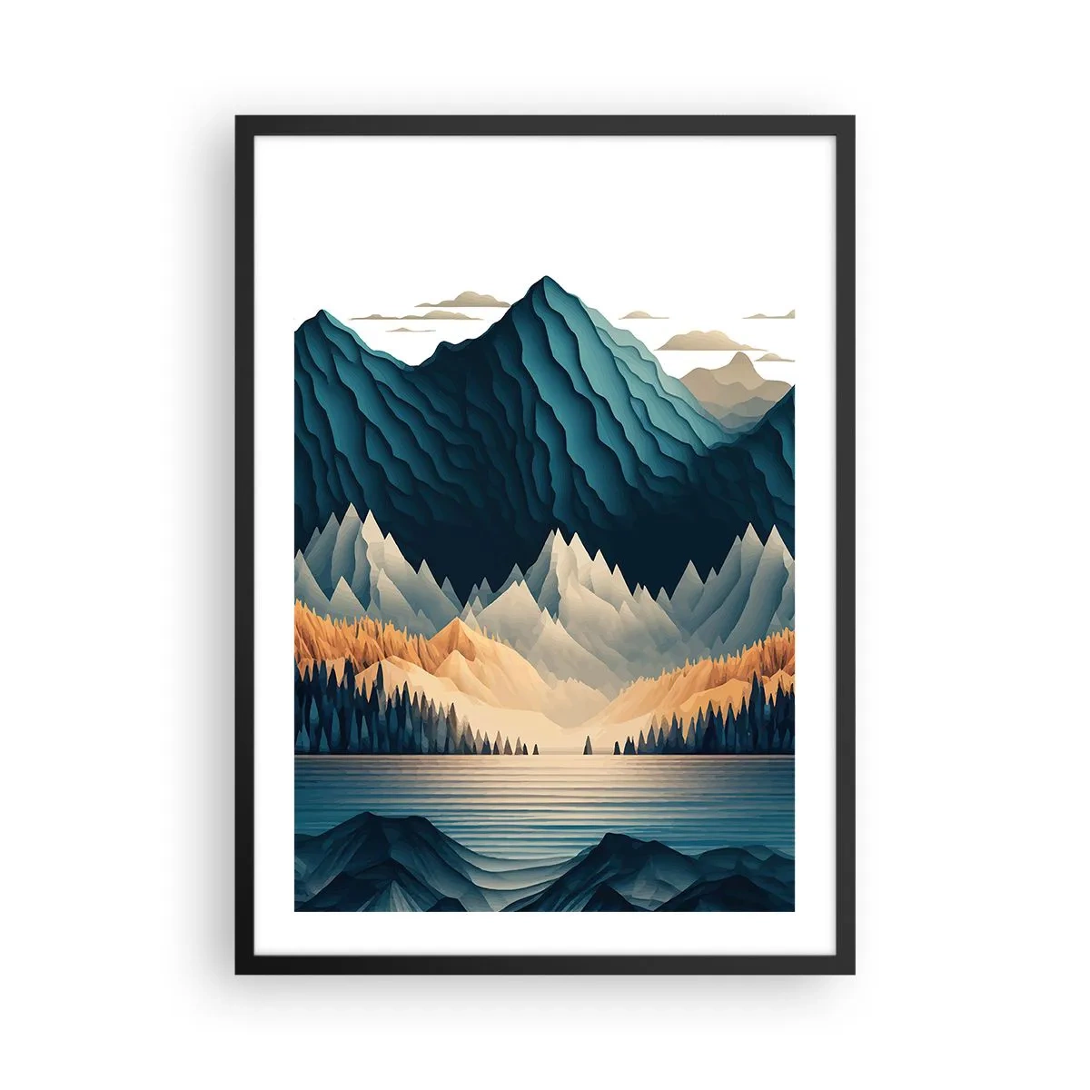 Plakat i sort ramme - Stiliseret bjerglandskab med en sø i blå nuancer - 50x70cm - Perfekt bjerglandskab - Moderne vægdekoration til stue og soveværelse ARTTOR