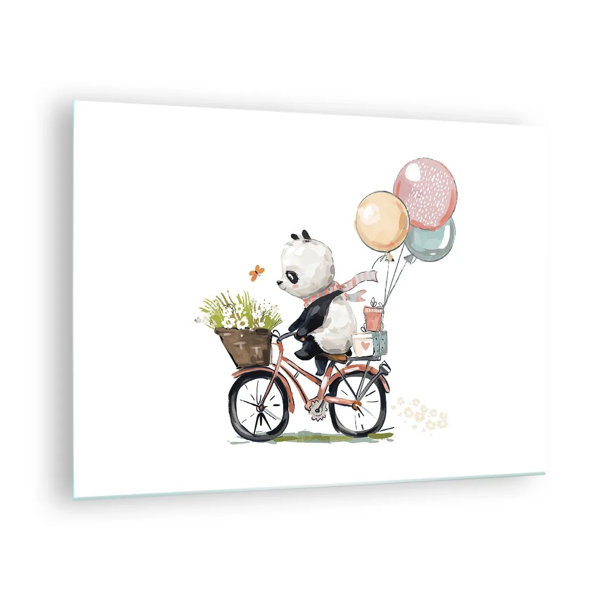 Billede på glas - En panda cykler med balloner og en kurv med blomster. - 70x50cm - Glædelig dag - Moderne vægdekoration til stue og soveværelse ARTTOR