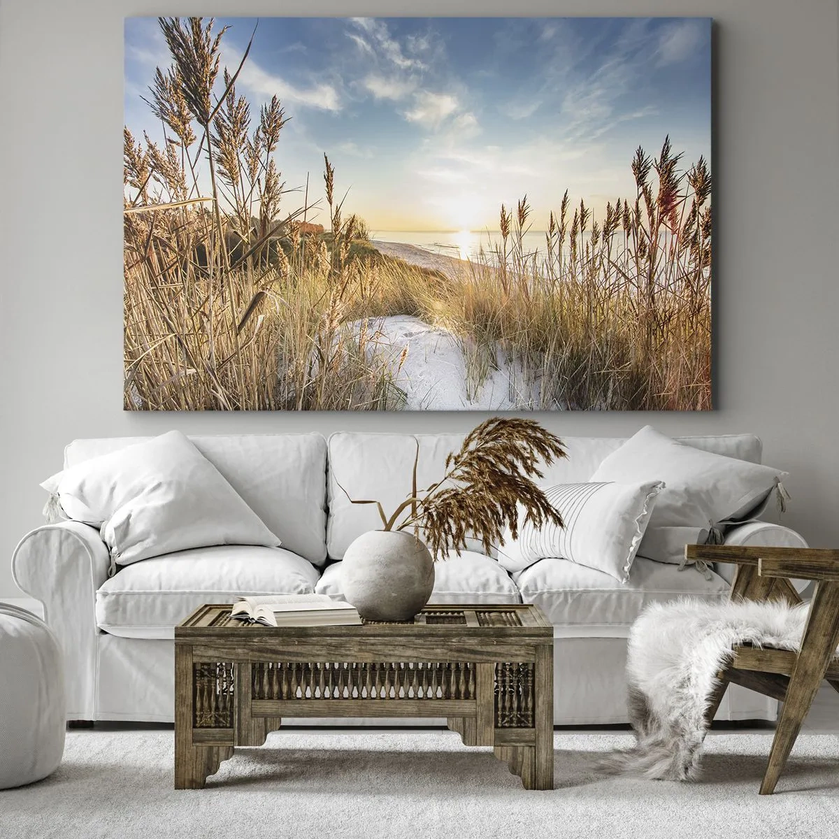 Lærredstryk - Billede på lærred - En malerisk strand med græs og den nedgående sol - 70x50cm - Nordstrand - Moderne vægdekoration til stue og soveværelse ARTTOR