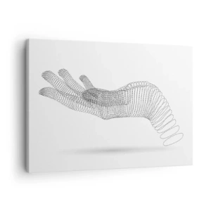 Lærredstryk - Billede på lærred - En minimalistisk illustration af en hånd lavet af sorte prikker på en hvid baggrund. - 70x50cm - Fjedrende hånd - Moderne vægdekoration til stue og soveværelse ARTTOR