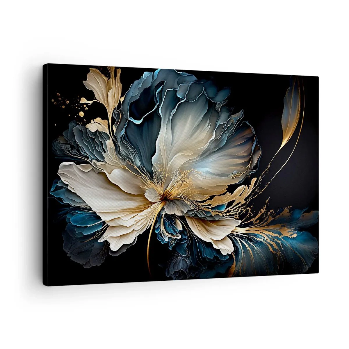 Lærredstryk - Billede på lærred - En blomst i nuancer af guld og marineblå på en sort baggrund - 70x50cm - Eventyrlig bregneblomst - Moderne vægdekoration til stue og soveværelse ARTTOR