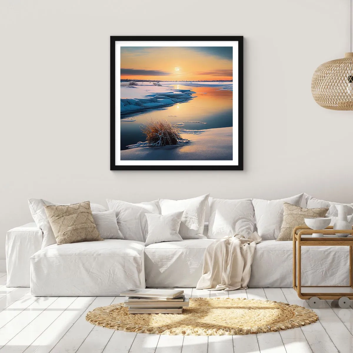 Plakat i sort ramme - Vintersolnedgang - 60x60 cm