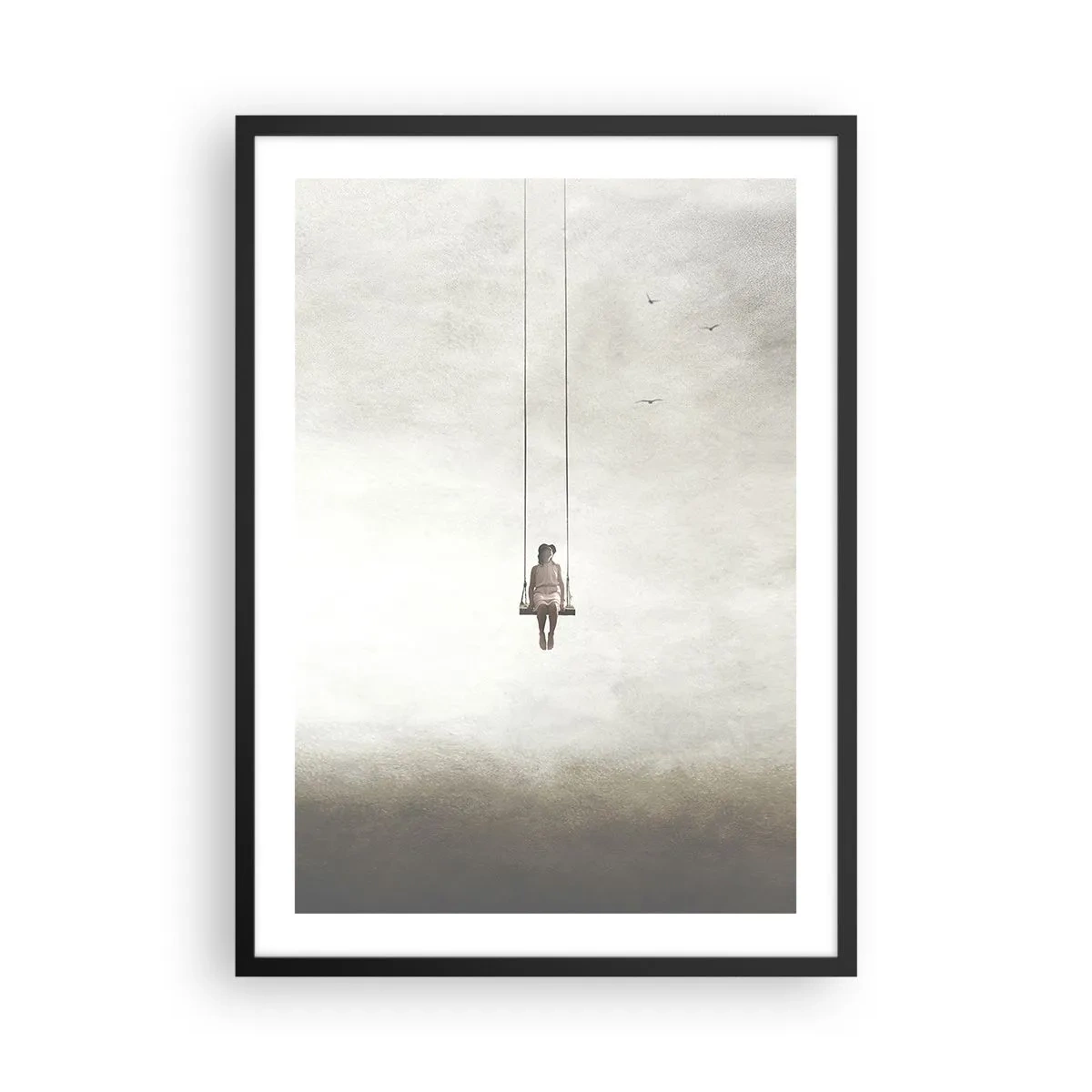 Plakat i sort ramme - En figur på en gynge ophængt i rummet - 50x70cm - Barnet i os selv - Moderne vægdekoration til stue og soveværelse ARTTOR