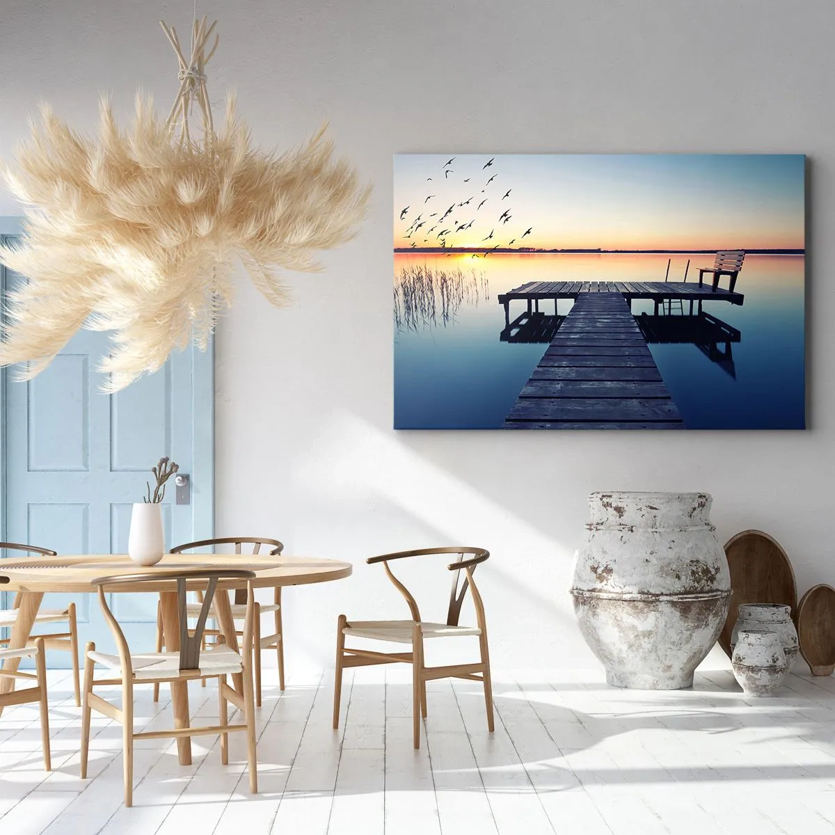 Lærredstryk - Billede på lærred - Træmole ved en sø ved solopgang med fugle - 70x50cm - Det var en god dag - Moderne vægdekoration til stue og soveværelse ARTTOR