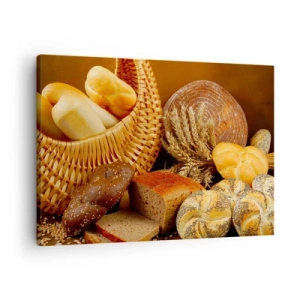 Lærredstryk - Billede på lærred - Forskellige brød i en flettet kurv på en gylden baggrund - 70x50cm - Vi slap væk igen - Moderne vægdekoration til stue og soveværelse ARTTOR