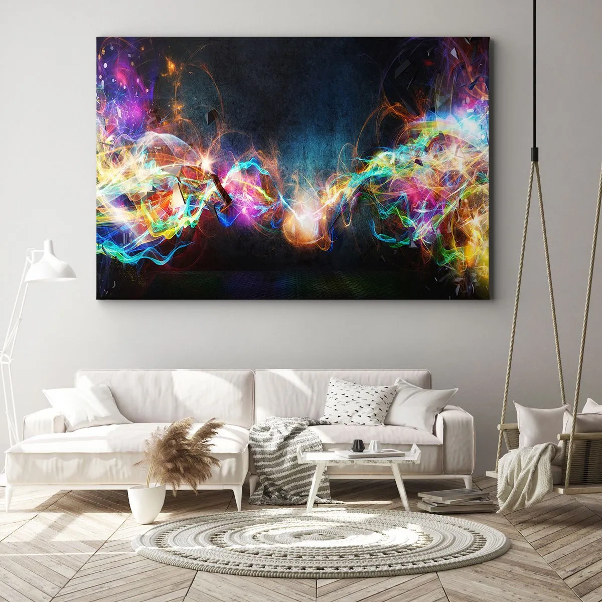 Lærredstryk - Billede på lærred - Farverige lysglimt i en abstrakt komposition - 70x50cm - Glædeligt imod mørket - Moderne vægdekoration til stue og soveværelse ARTTOR
