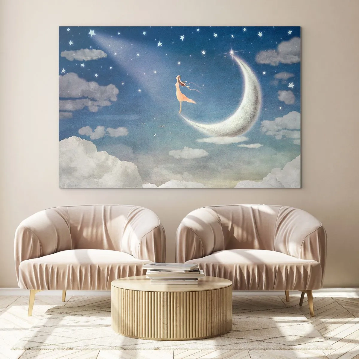Billede på glas - En kvinde i en flagrende kjole stående på månen på en stjerneklar himmel. - 70x50cm - Blå bejler - Moderne vægdekoration til stue og soveværelse ARTTOR