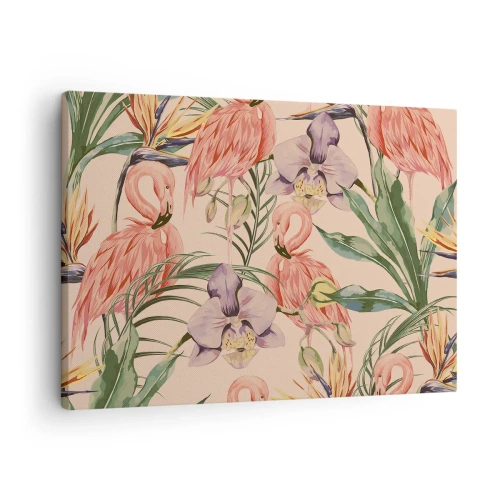 Lærredstryk - Billede på lærred - Flamingoer og tropiske blomster på en lys baggrund - 70x50cm - Lyserød blomstret ballet - Moderne vægdekoration til stue og soveværelse ARTTOR