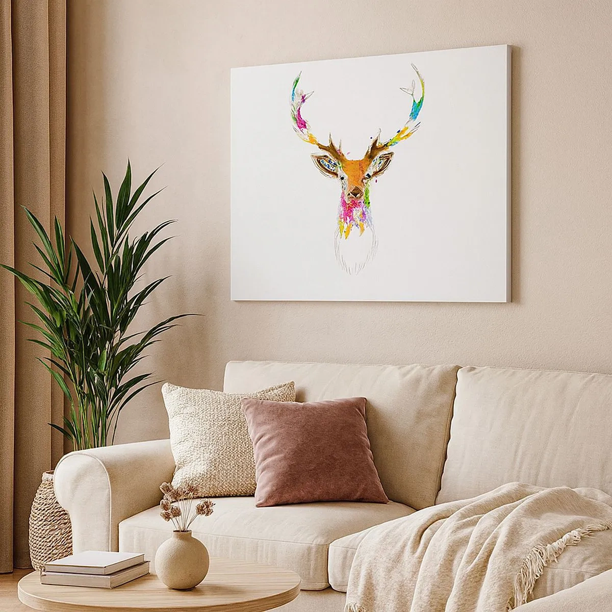 Lærredstryk - Billede på lærred - Farverigt hjortehoved i kunstnerisk stil - 70x50cm - Blid kronhjort badet i farver - Moderne vægdekoration til stue og soveværelse ARTTOR