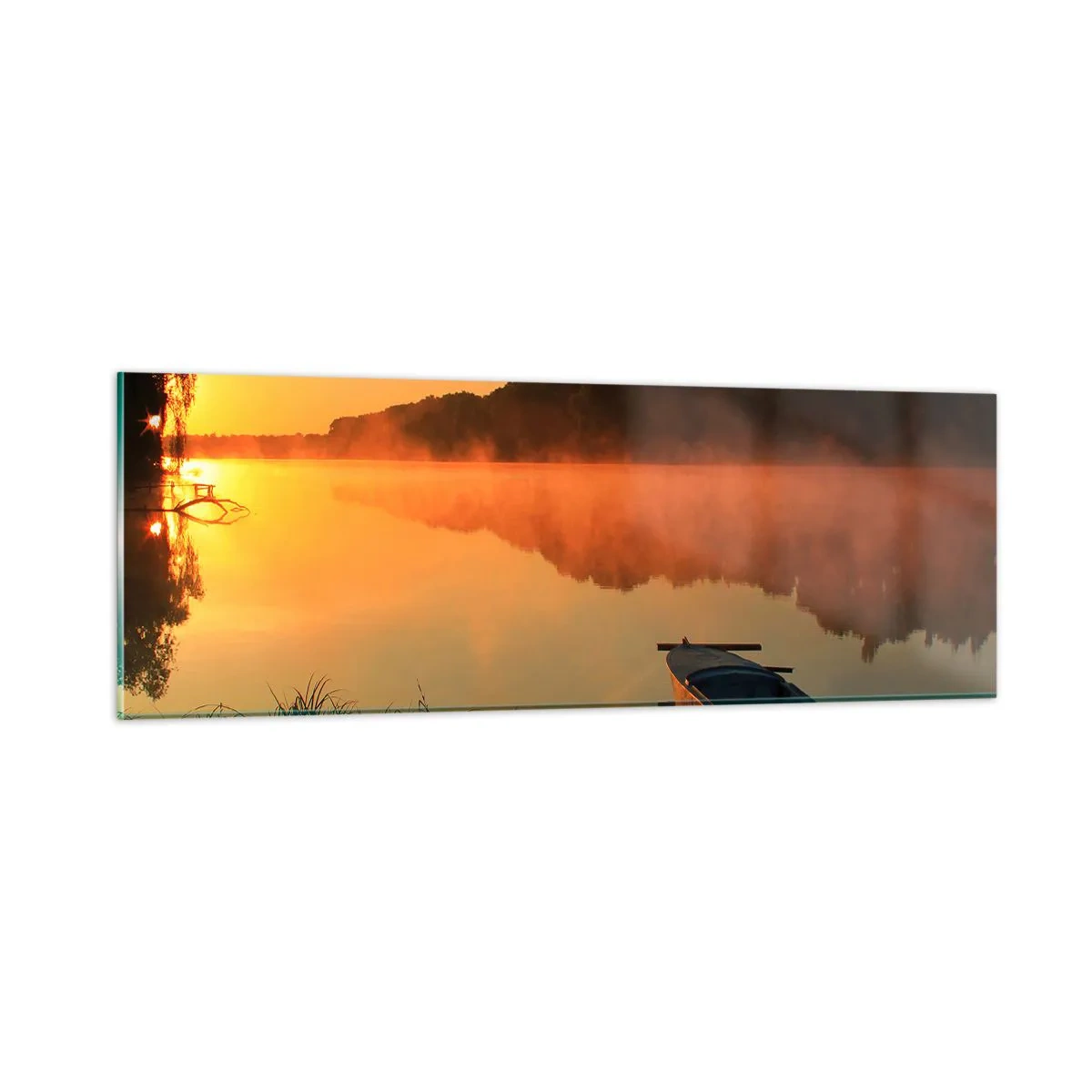 Billede på glas - Solopgang over vand som en spejlplade - 90x30 cm
