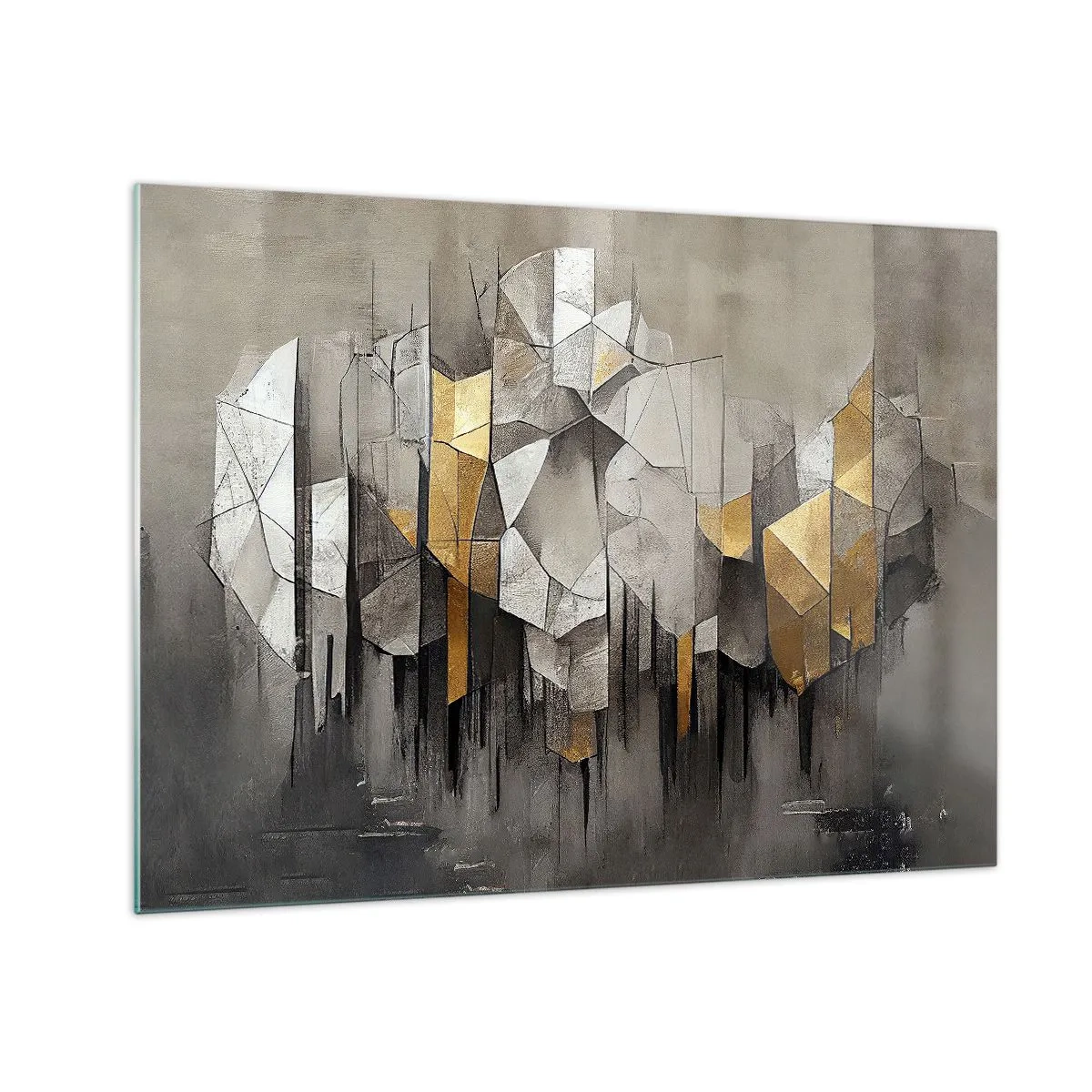 Billede på glas - Abstrakte former i nuancer af grå, hvid og guld - 70x50cm - Komposition lavet af is og lys - Moderne vægdekoration til stue og soveværelse ARTTOR