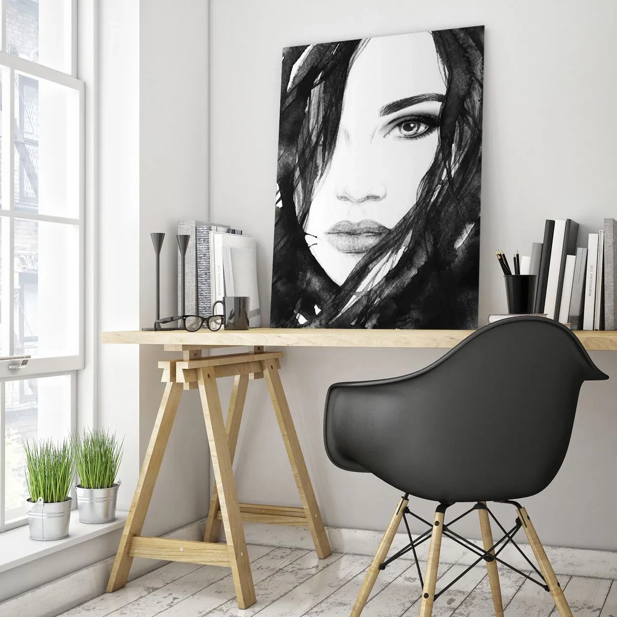 Billede på glas - Portræt af en dame i sort og hvidt - 50x70 cm