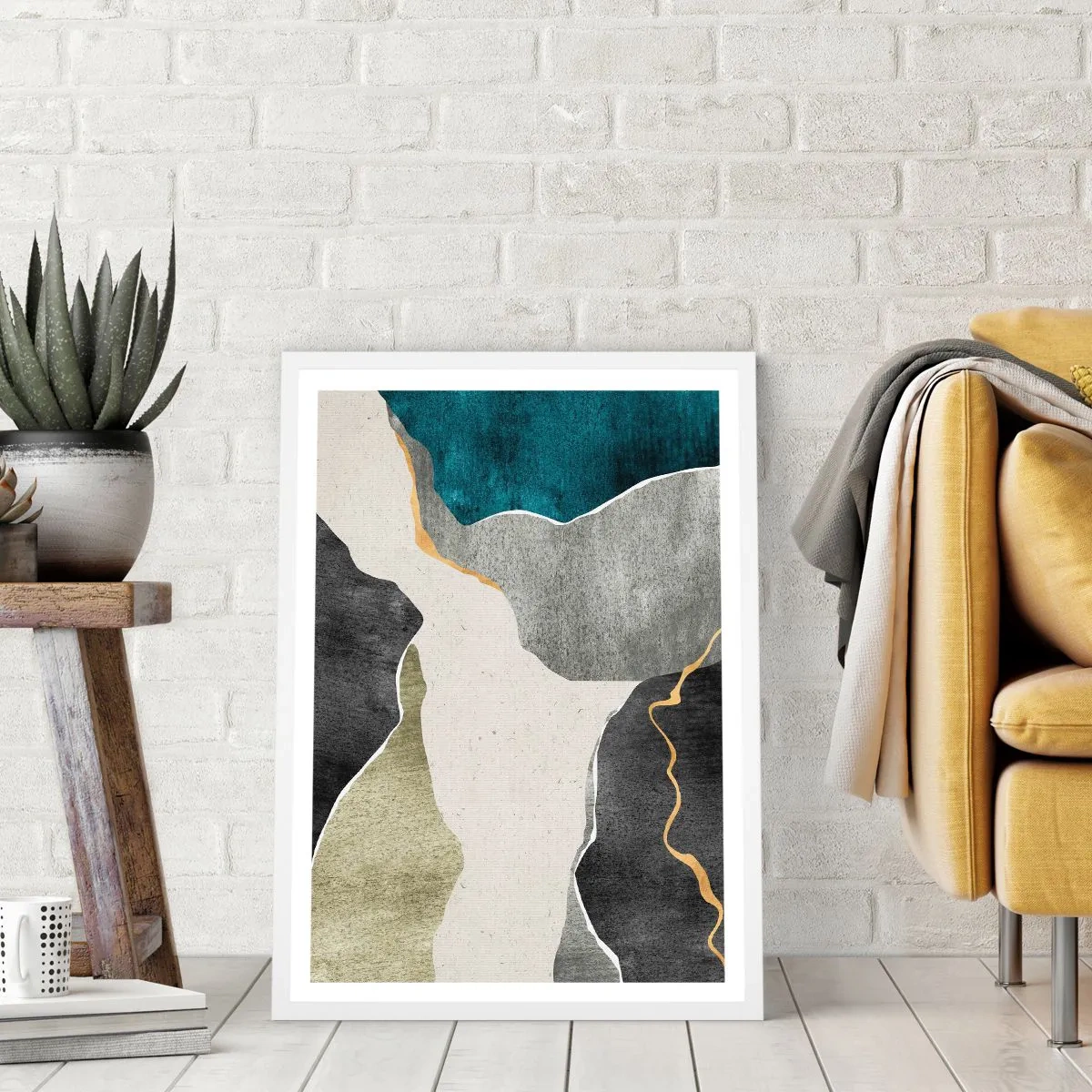 Plakat i hvid ramme - Mosaikkomposition med en streng af guld - 40x50 cm