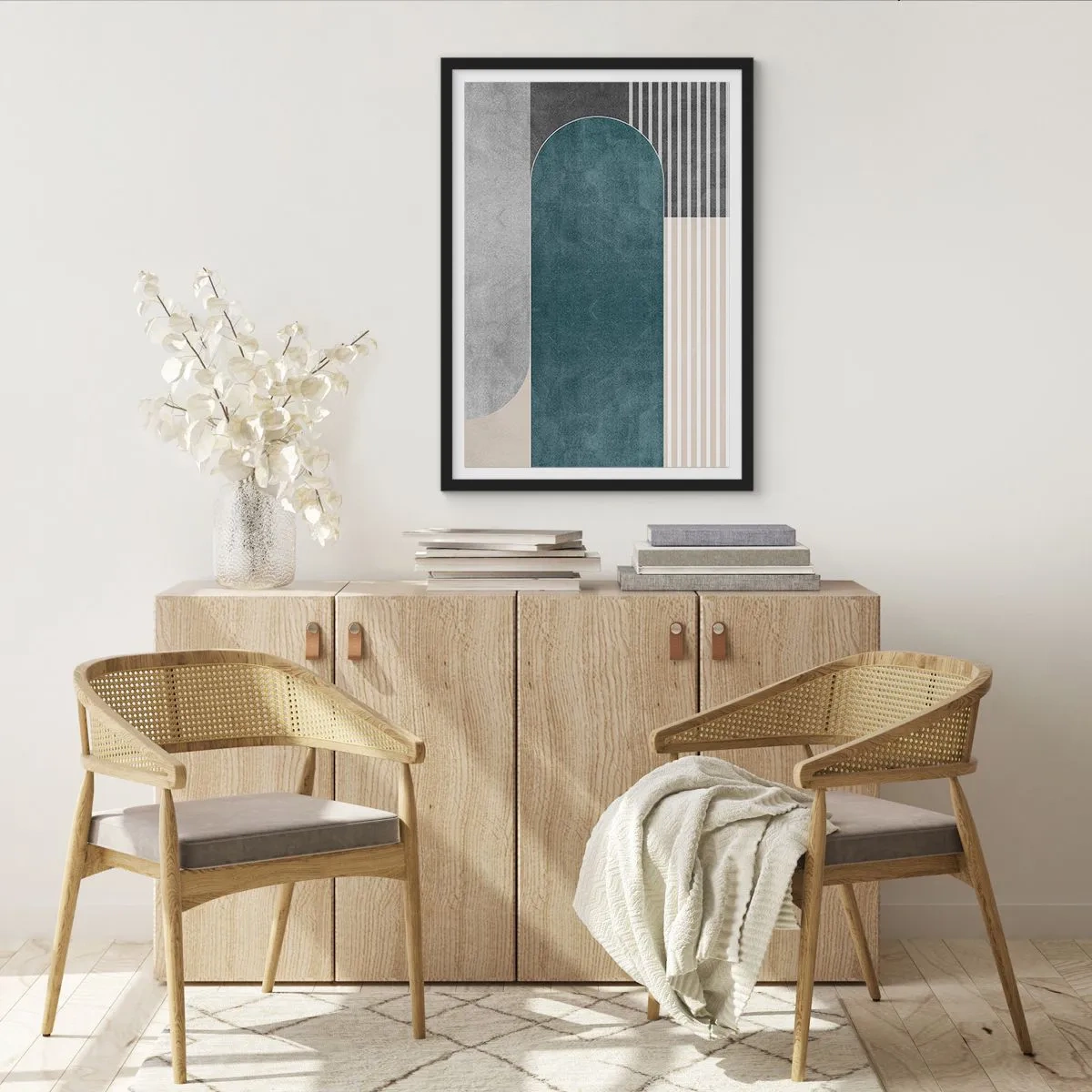 Plakat i sort ramme - Geometrisk komposition i nuancer af grønt og gråt - 50x70cm - Horisontal komposition - Moderne vægdekoration til stue og soveværelse ARTTOR