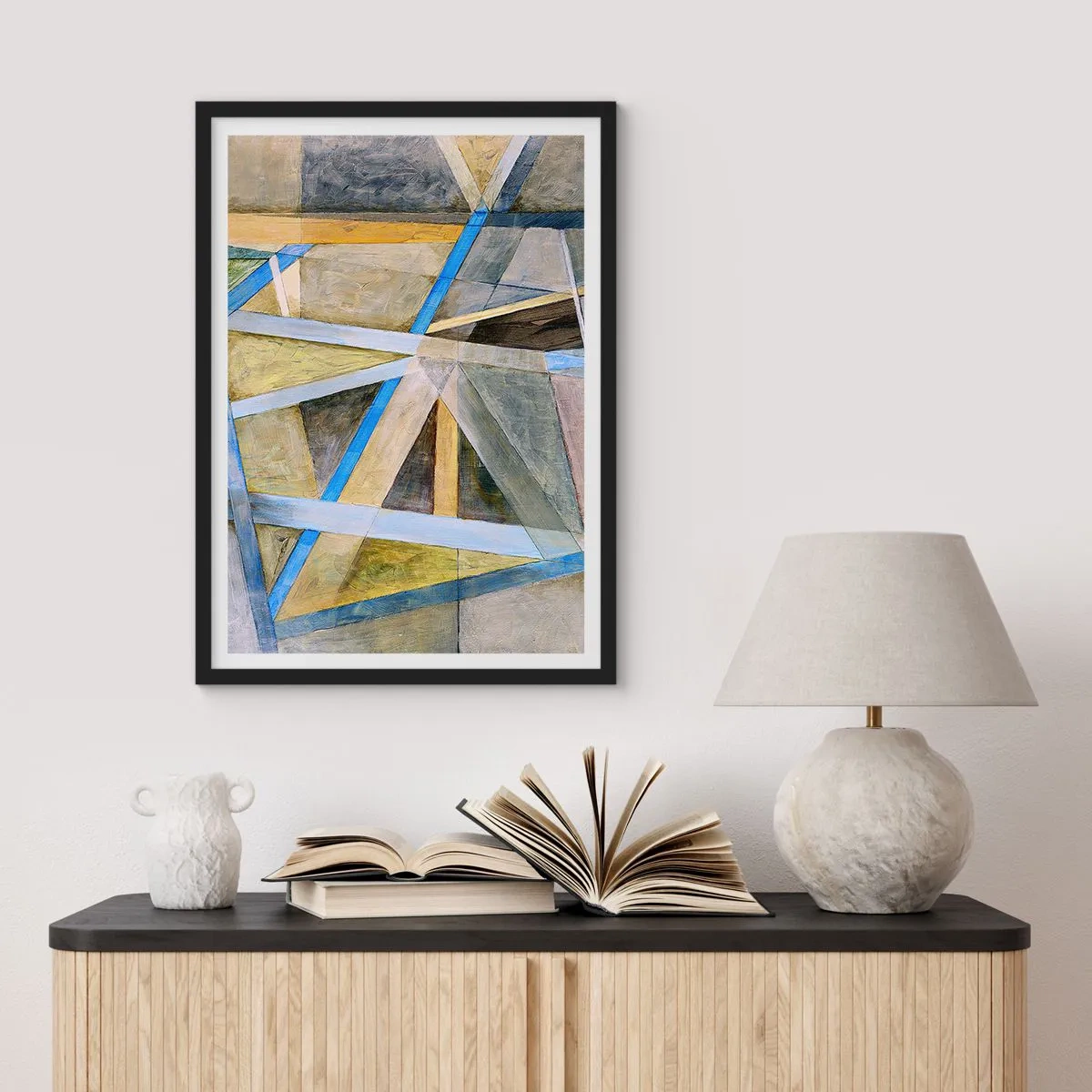 Plakat i sort ramme - Geometrisk abstraktion med nuancer af blå og guld - 50x70cm - Lige eller skråt? - Moderne vægdekoration til stue og soveværelse ARTTOR