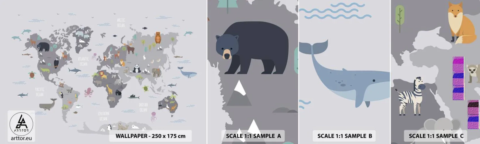 Fototapet Prøve Standard Eco - Fortæl mig, hvor du er fra... - Verdenskort, Dyr, Kontinenter - 100x30 cm