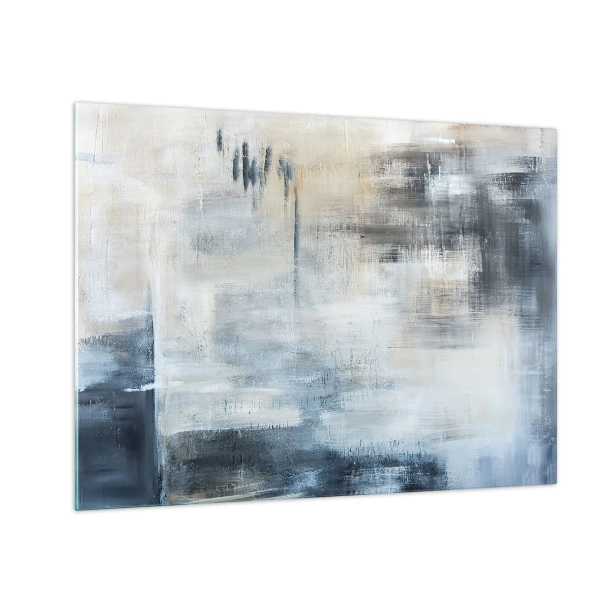 Billede på glas - Abstrakt komposition i nuancer af blå og grå - 70x50cm - Bag et slør af blåt - Moderne vægdekoration til stue og soveværelse ARTTOR