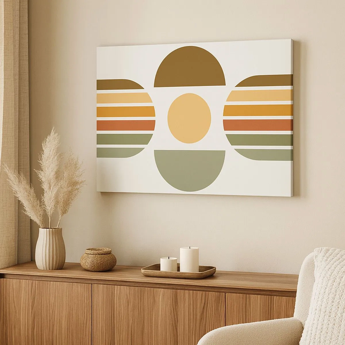 Lærredstryk - Billede på lærred - Geometrisk komposition med halvcirkler og striber i jordfarver - 70x50cm - I jordfarver - Moderne vægdekoration til stue og soveværelse ARTTOR