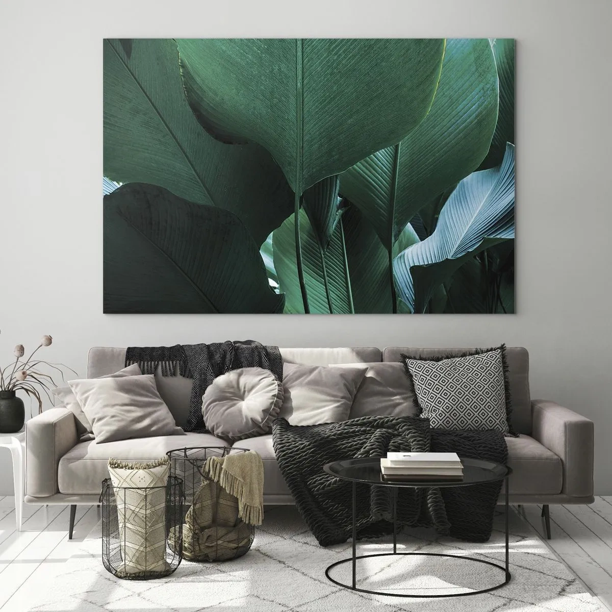 Billede på glas - Tropiske blade i intense grønne nuancer - 70x50cm - Mod lyset - Moderne vægdekoration til stue og soveværelse ARTTOR
