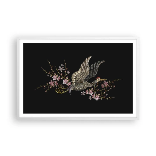 Plakat i hvid ramme - Eksotisk broderet fugl - 91x61 cm