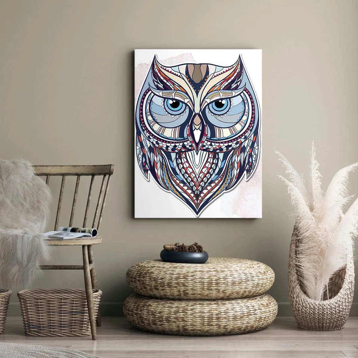 Lærredstryk - Billede på lærred - Kunstnerisk ornamental ugle - 50x70 cm