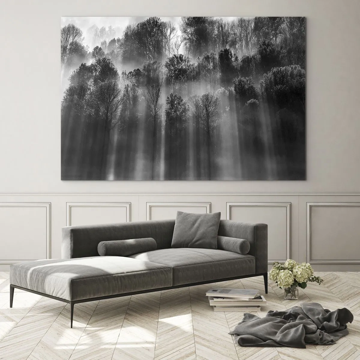 Billede på glas - Sorte og hvide lysstråler, der trænger ind i skoven - 70x50cm - I stråler af lys - Moderne vægdekoration til stue og soveværelse ARTTOR