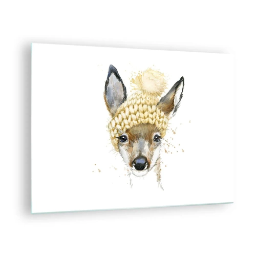 Billede på glas - En rådyr i en uldhue med en pompon - 70x50cm - Til vinter i en sneklædt skov - Moderne vægdekoration til stue og soveværelse ARTTOR