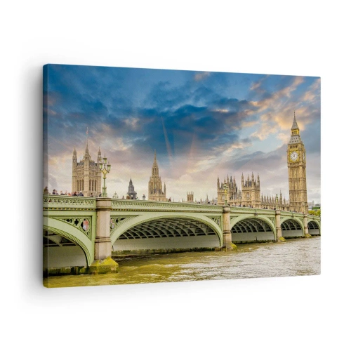 Lærredstryk - Billede på lærred - Big Ben og Westminster Bridge mod himlen i skumringen - 70x50cm - Tiden stod stille i Imperiet - Moderne vægdekoration til stue og soveværelse ARTTOR