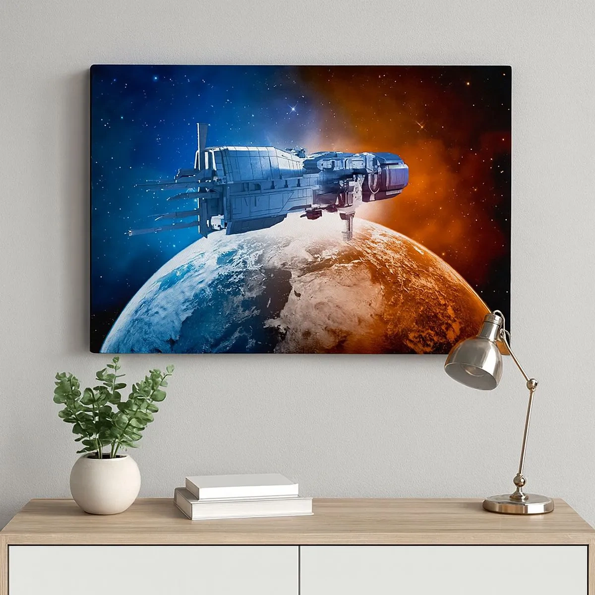 Lærredstryk - Billede på lærred - Et rumskib mod en planet i rummets baggrund - 70x50cm - Forsigtig observatør - Moderne vægdekoration til stue og soveværelse ARTTOR