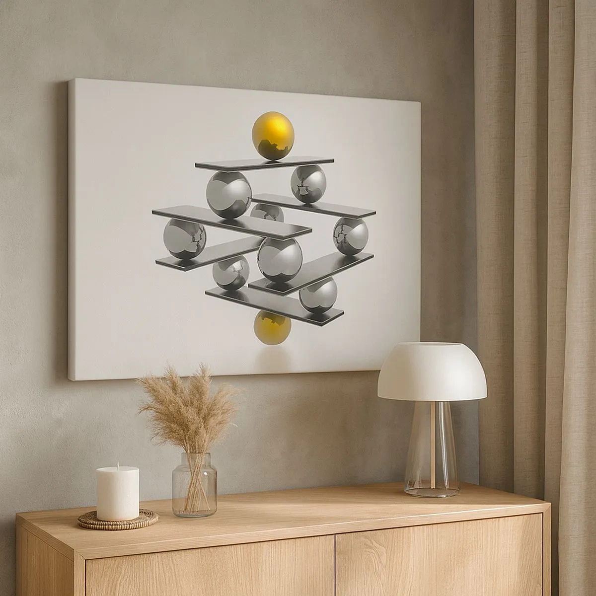 Lærredstryk - Billede på lærred - Geometrisk komposition med metalkugler og en guld accent - 70x50cm - Guld-sølv-balancen - Moderne vægdekoration til stue og soveværelse ARTTOR