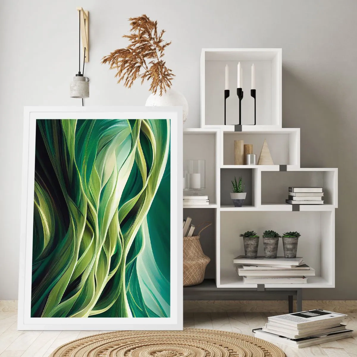 Plakat i hvid ramme - Et abstrakt spil med grønt - 50x70 cm