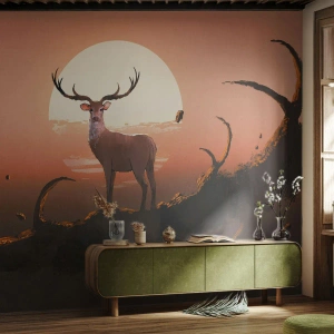 Fototapet Standard Eco - En hjort mod baggrunden af den nedgående sol i et surrealistisk landskab - 100x70cm - Denne aften er ikke som alle andre - Moderne vægdekoration til stue og soveværelse ARTTOR