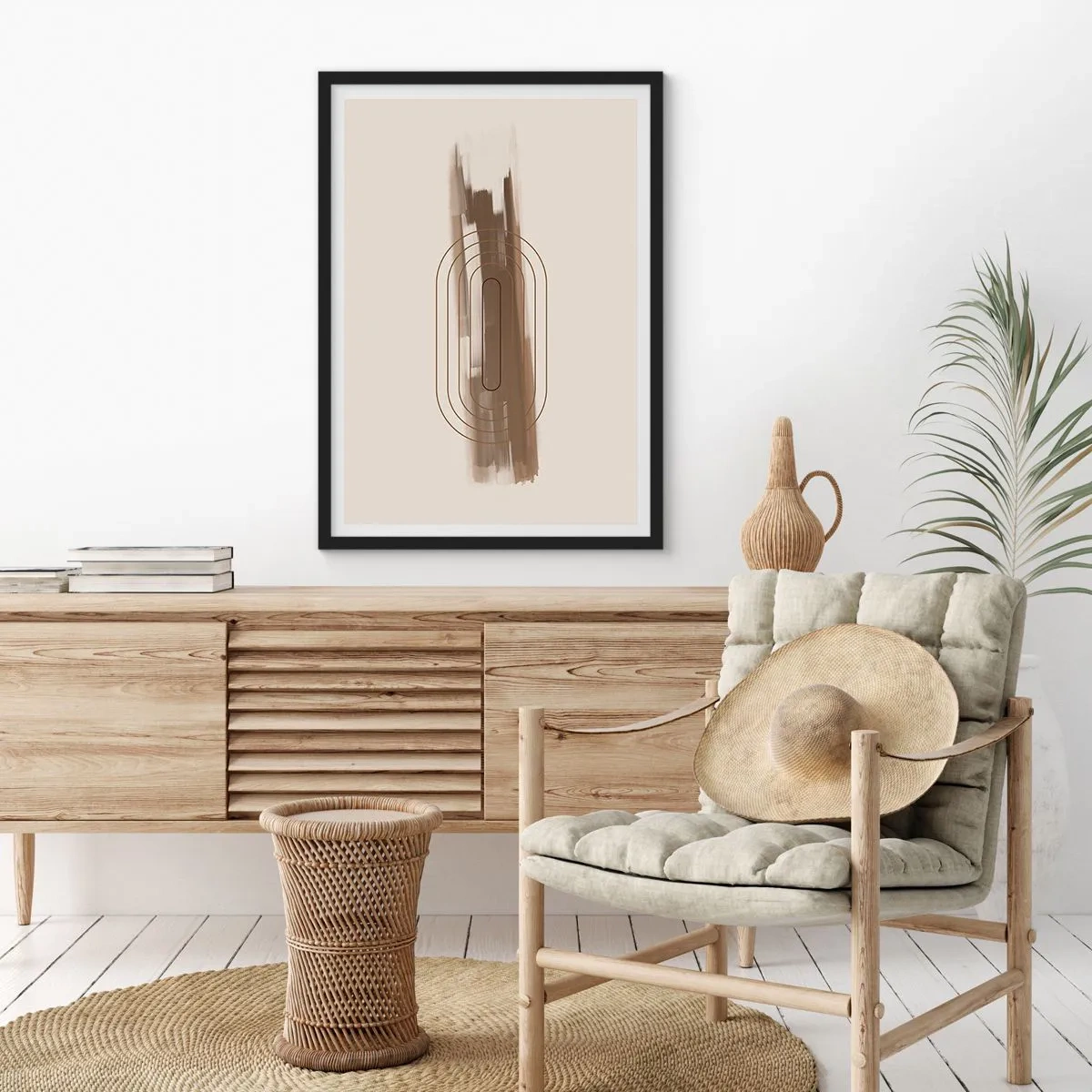 Plakat i sort ramme - Geometrisk form i nuancer af brunt og beige - 50x70cm - Et pust af gråvejr - Moderne vægdekoration til stue og soveværelse ARTTOR
