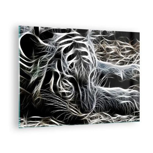 Billede på glas - Abstrakt tiger i lysende linjer på en sort baggrund - 70x50cm - En undersøgelse af kattens lethed - Moderne vægdekoration til stue og soveværelse ARTTOR