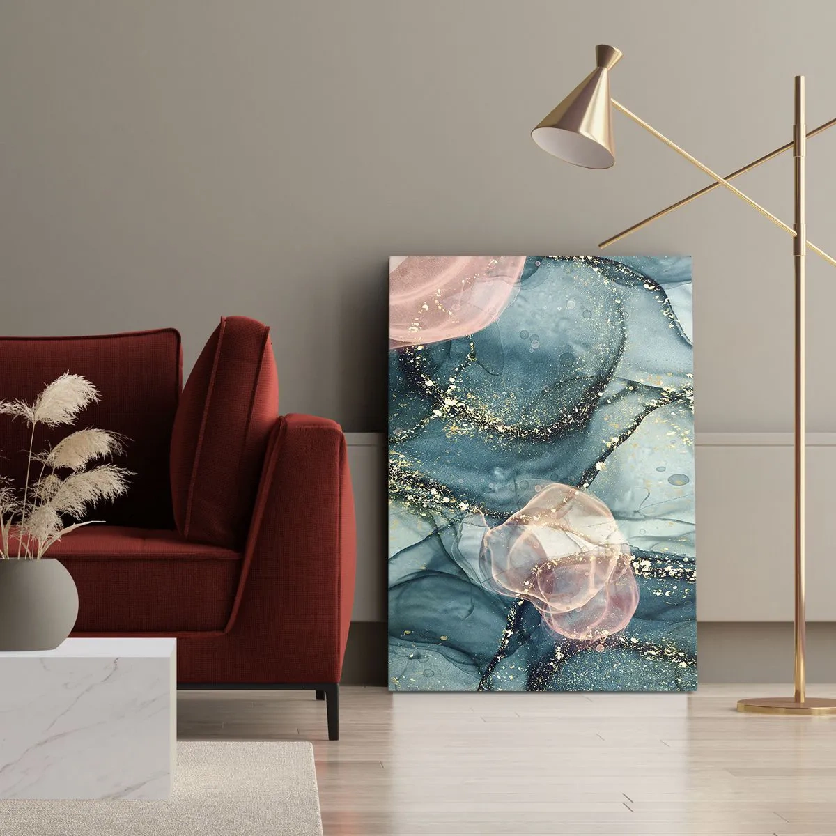 Lærredstryk - Billede på lærred - Silkeblå, tyl lyserød - 45x80 cm