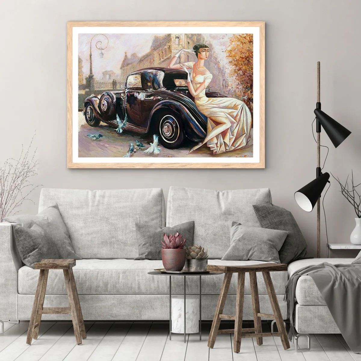 Plakat i ramme af lyst egetræ - Retro elegance - 100x70 cm