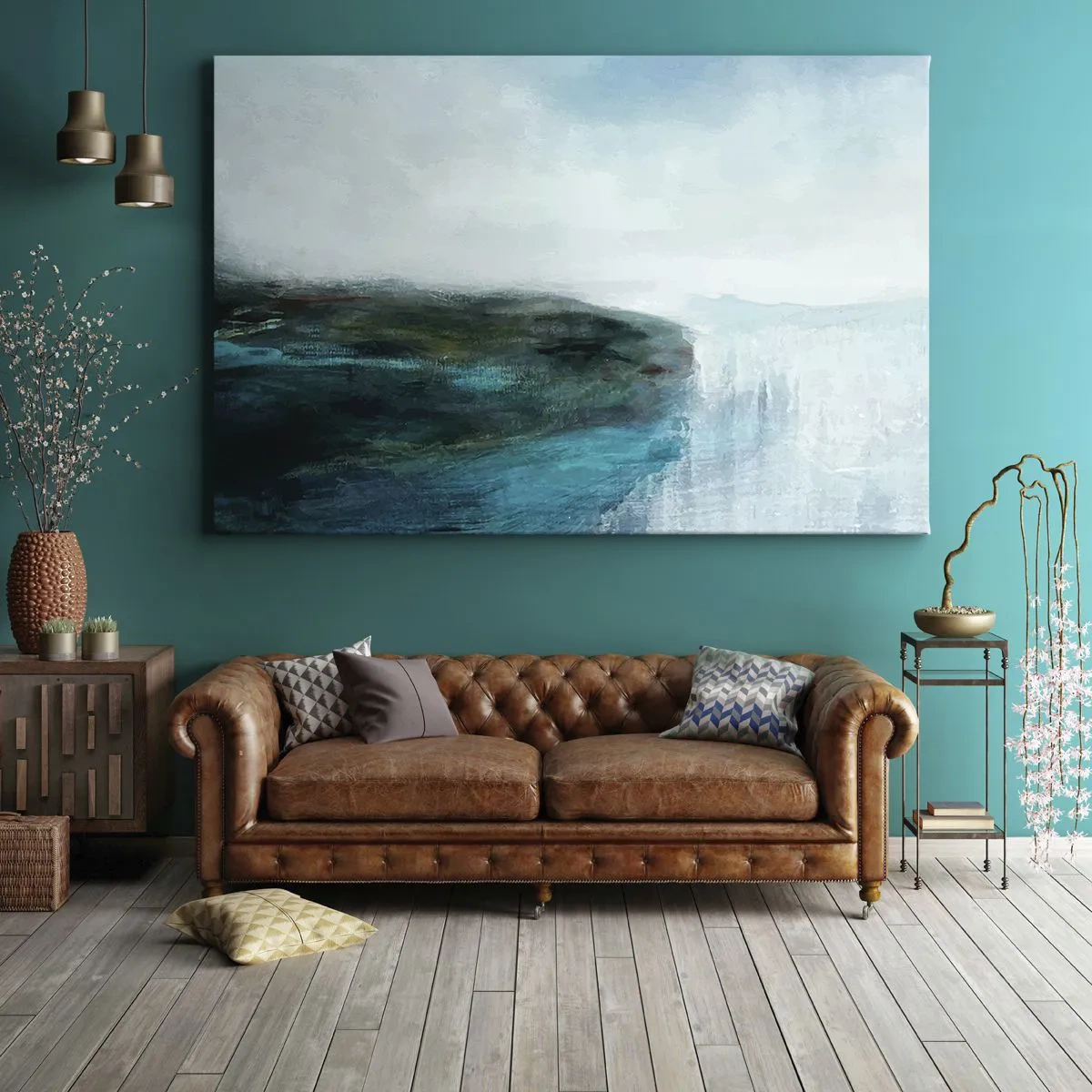 Lærredstryk - Billede på lærred - Abstrakt landskab i turkis og grå nuancer - 70x50cm - Marin abstraktion - Moderne vægdekoration til stue og soveværelse ARTTOR