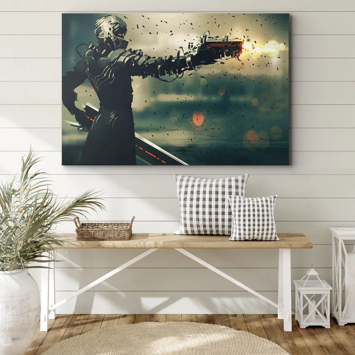 Lærredstryk - Billede på lærred - Kybernetisk kriger med futuristiske våben - 70x50cm - Dødeligt våben - din helt egen Terminator - Moderne vægdekoration til stue og soveværelse ARTTOR