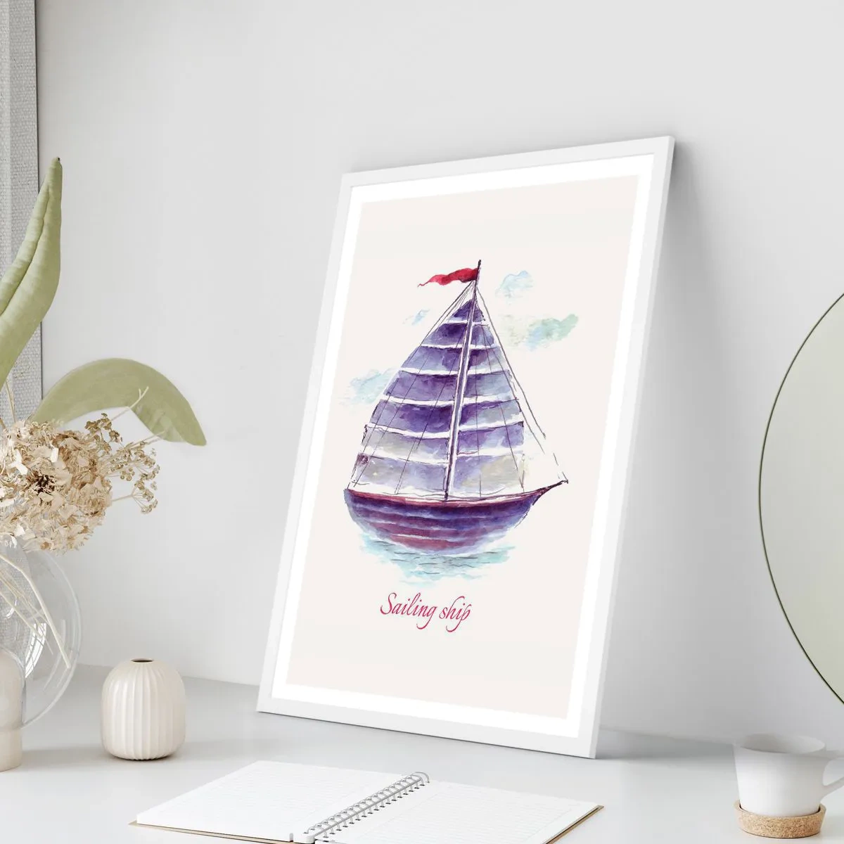 Plakat i hvid ramme - Fulde sejl og roligt vand - 70x100 cm