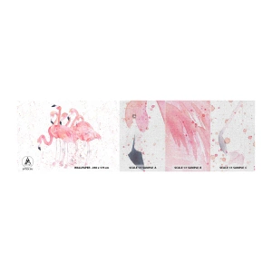 Prøve Fototapet Premium Canvas - Lyserød ansambl - Flamingoer, Fugle, Grafik - 100x30 cm