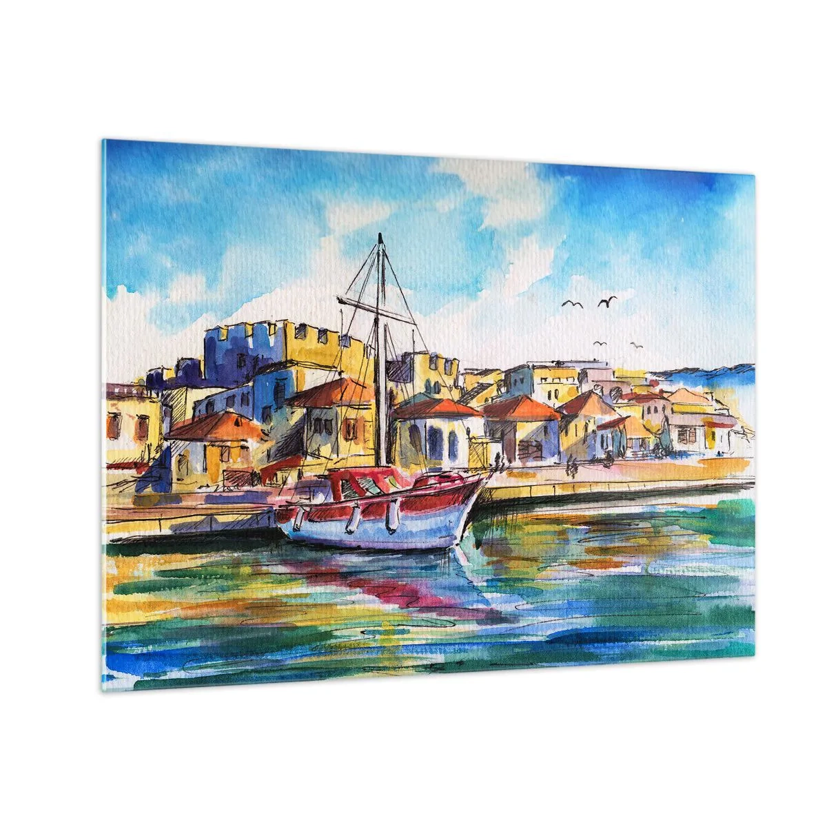 Billede på glas - En farverig marina med en sejlbåd og middelhavsarkitektur - 70x50cm - Regnbue eftermiddag - Moderne vægdekoration til stue og soveværelse ARTTOR