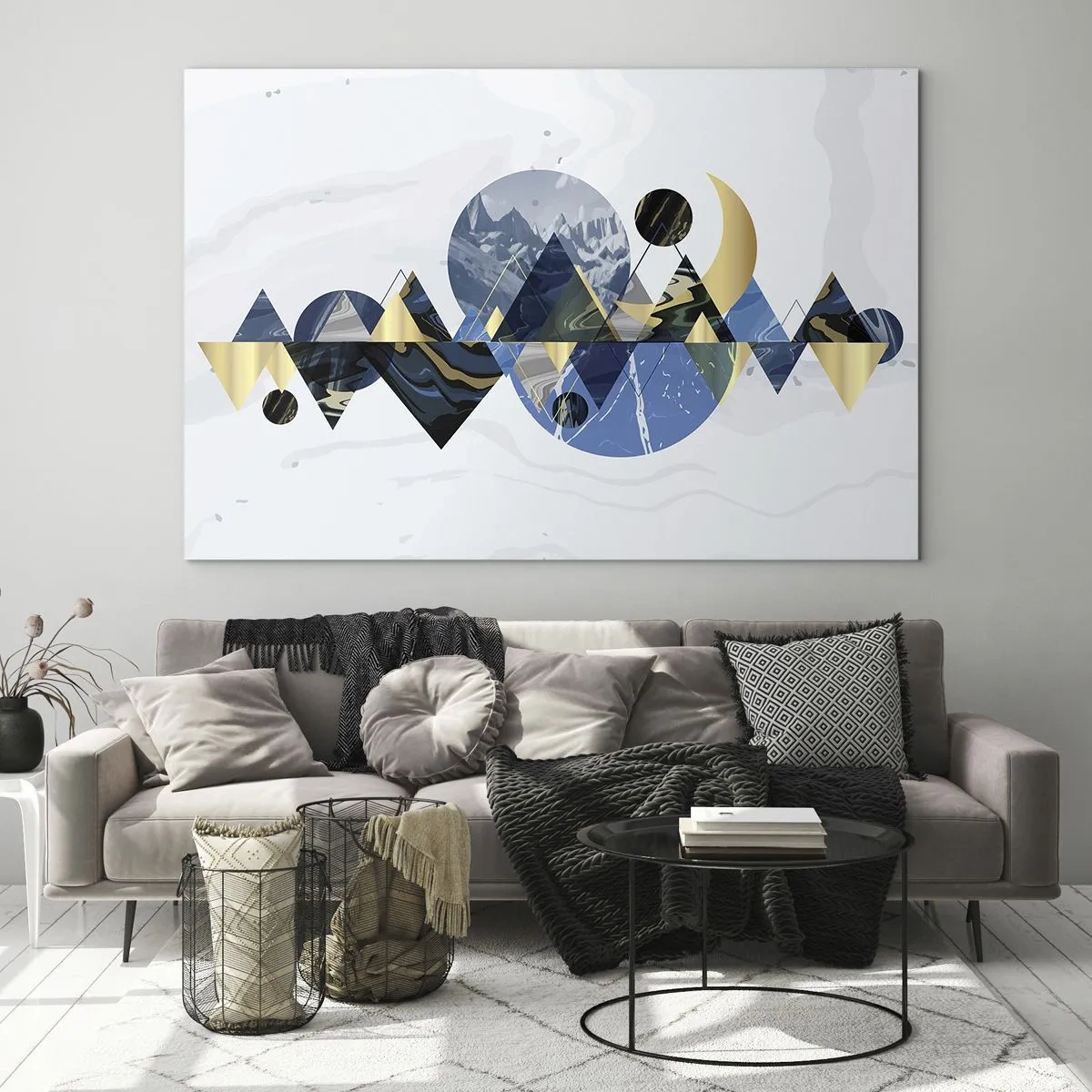 Billede på glas - Abstrakte geometriske figurer i nuancer af marineblå og guld - 70x50cm - Geometrisk landskab - Moderne vægdekoration til stue og soveværelse ARTTOR