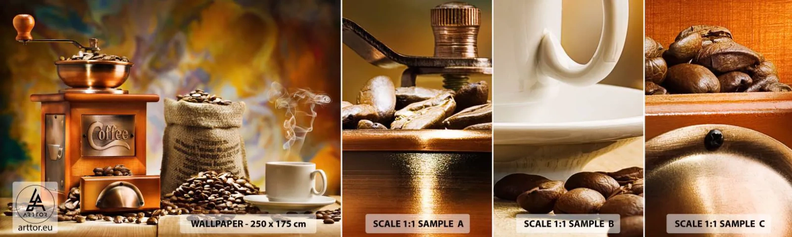 Prøve Fototapet Selvklæbende Deluxe Sticker - Kornets knitren, møllens klirren - Gastronomi, Kaffe, Kaffekværn - 100x30 cm