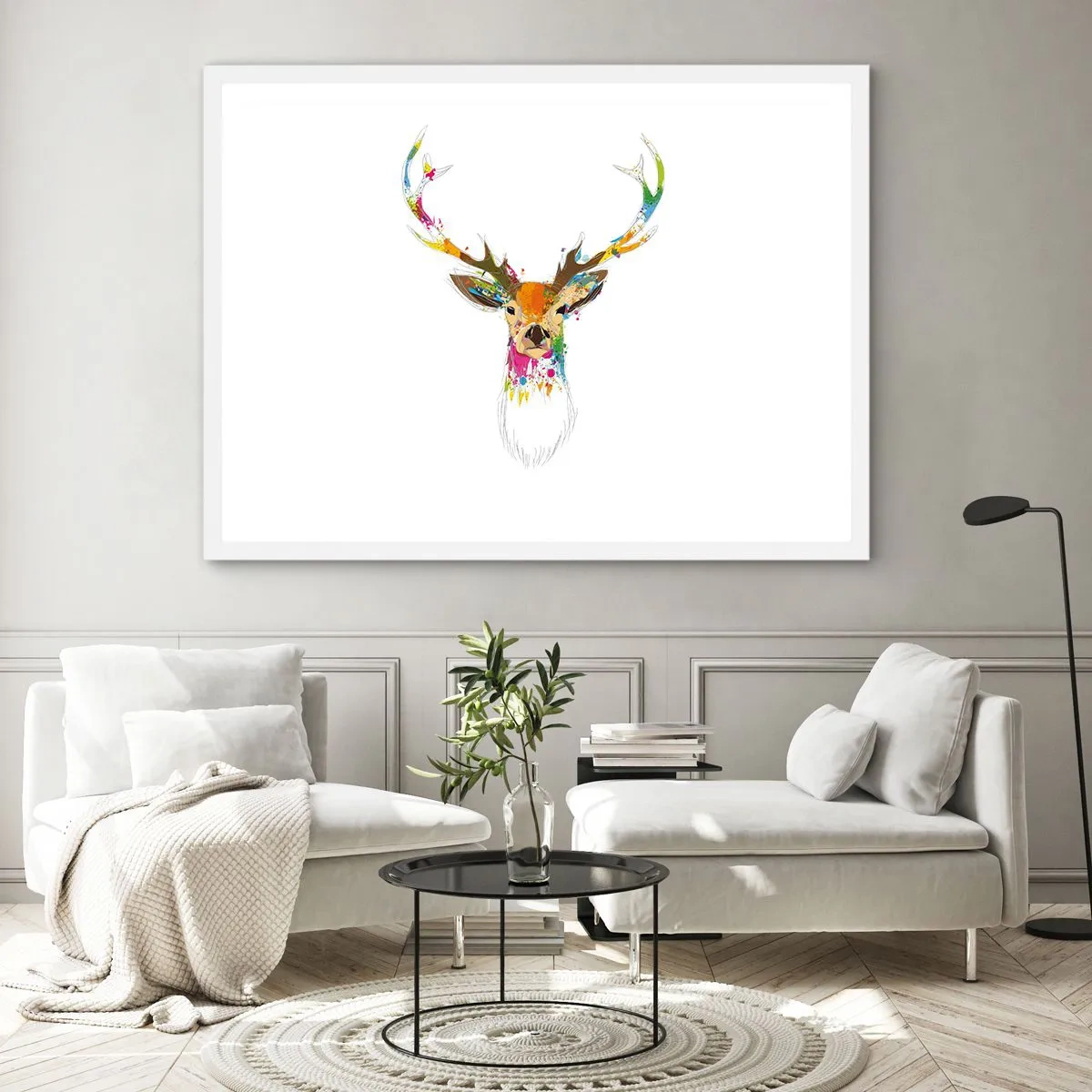 Plakat i hvid ramme - Blid kronhjort badet i farver - 91x61 cm