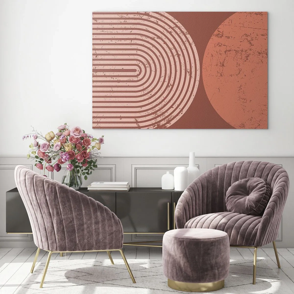 Billede på glas - Geometrisk rustfarvet grafik med en halvcirkel og en cirkel - 70x50cm - Tæt forhold - Moderne vægdekoration til stue og soveværelse ARTTOR