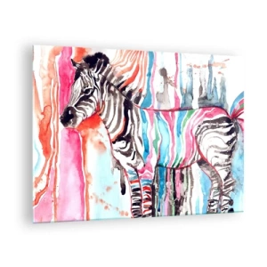 Billede på glas - Farverig zebra i akvarelstil - 70x50cm - Naturens ubekymrede joke - Moderne vægdekoration til stue og soveværelse ARTTOR